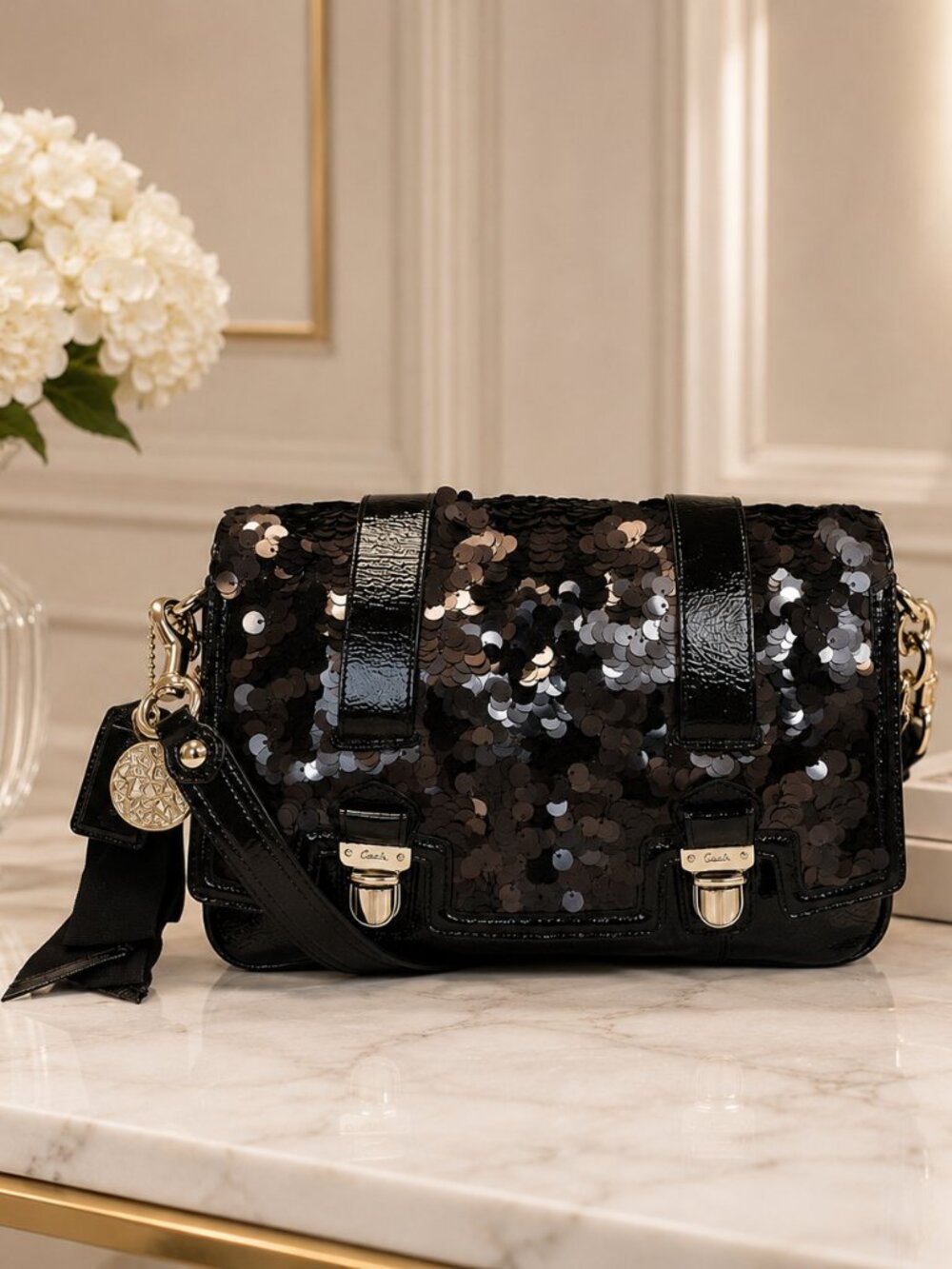 Coach 17899 Poppy Special Edition Sequin Patent Flap Crossbody Bag Black